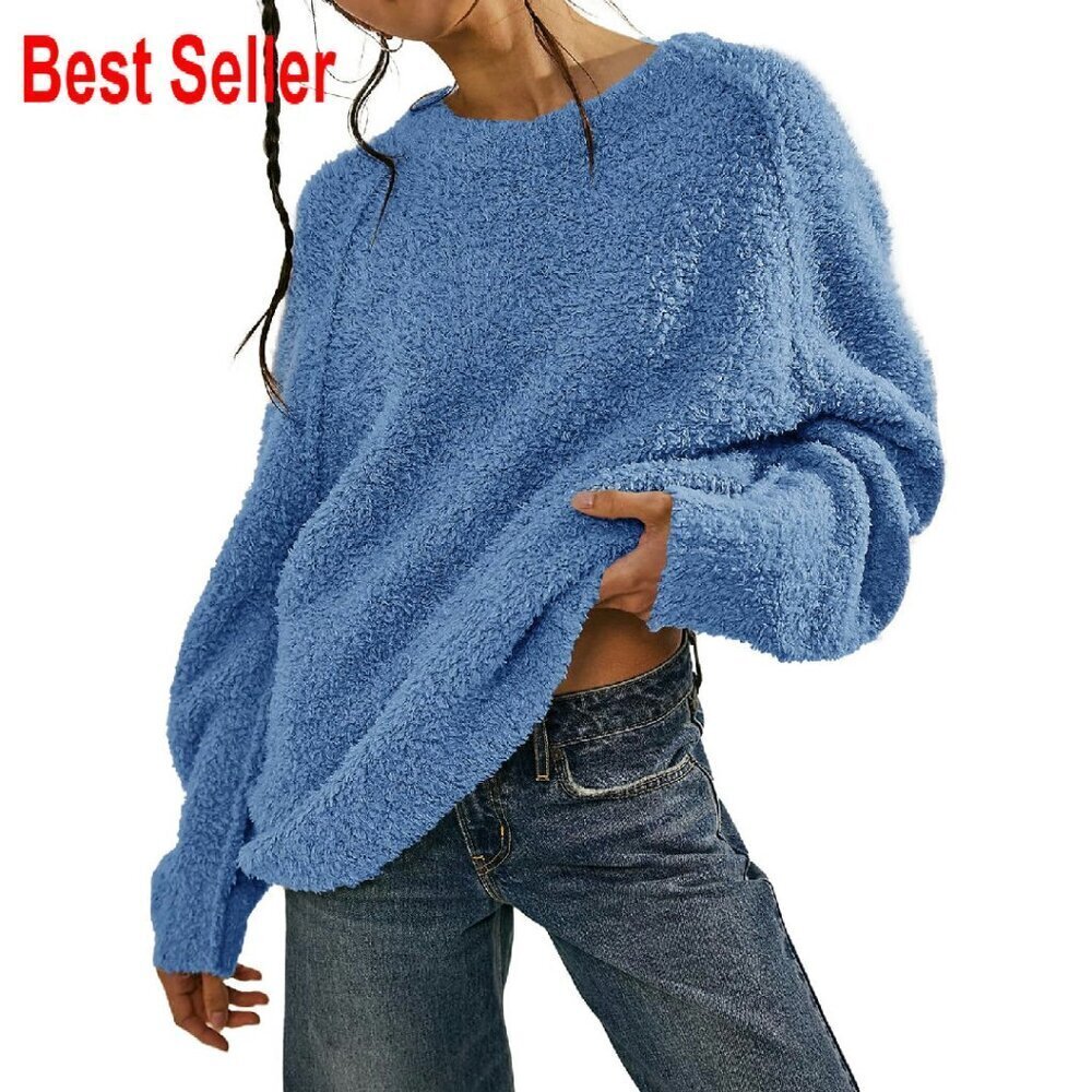 Oversized Fuzzy Knit Pullover Sweater Cozy Warm Long Sleeve Crewneck Tops